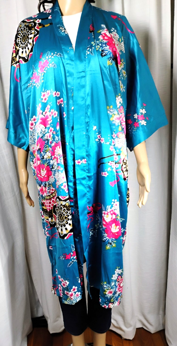 Silk Floral Kimono Robe Satin Duster Tie Waist Pockets One Size Wide Sleeve